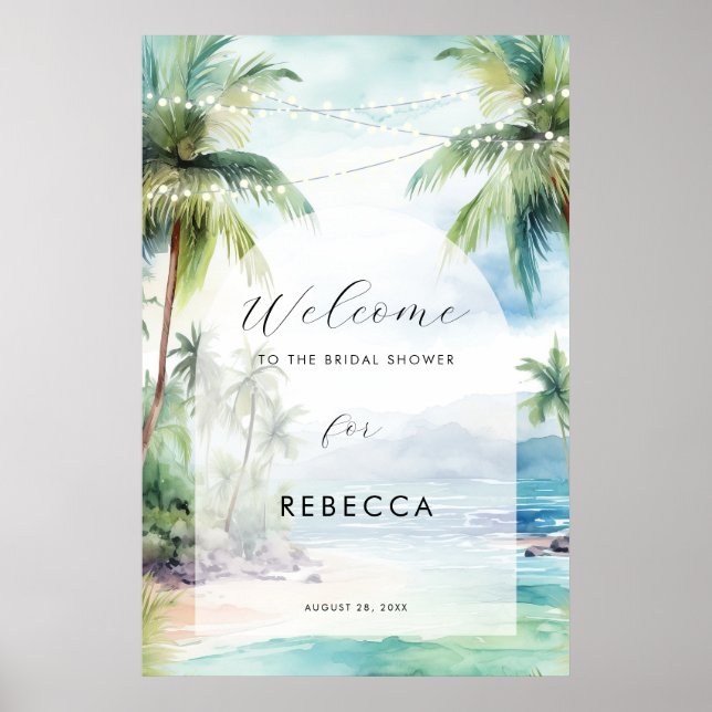 tropical beach ocean bridal shower sign poster (Front)
