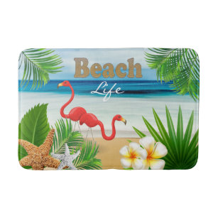 Tropical Beach Ocean Design with Flamingo Birds Bathroom Mat