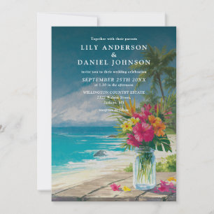 Tropical Beach Ocean Floral Mason Jar Wedding Invitation
