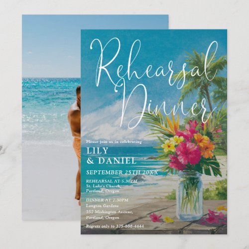 Tropical Beach Ocean Floral Rehearsal Dinner Photo Invitation