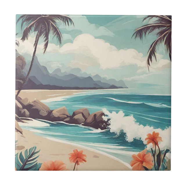 Tropical Beach, Ocean, Hibiscus Flowers  Ceramic Tile (Front)