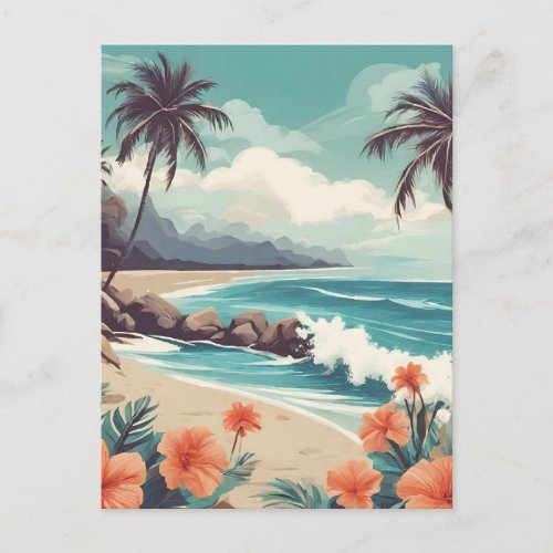 Tropical Beach Ocean Hibiscus Flowers  Postcard