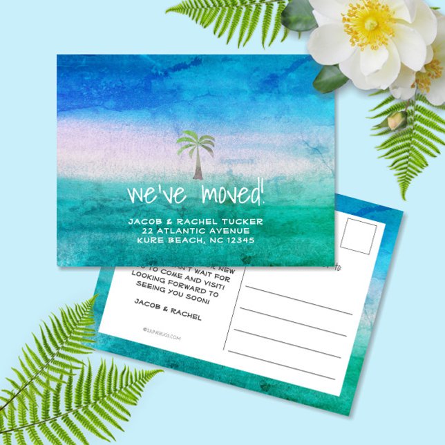 Tropical Beach Ocean Palm Tree Moving Announcement Postcard (Creator Uploaded)