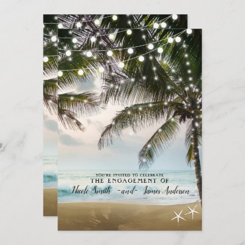 Tropical Beach Ocean Palm Trees Lights Engagement Invitation