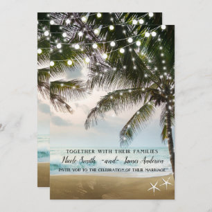 Tropical Beach Ocean Palm Trees & Lights Wedding Invitation
