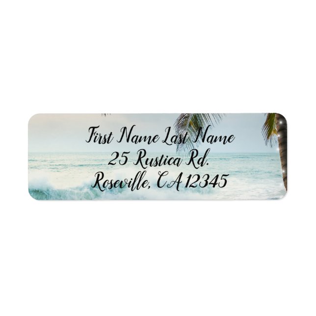 Tropical Beach Ocean Palm Trees & Lights Wedding Label (Front)