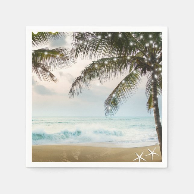 Tropical Beach Ocean Palm Trees & Lights Wedding Napkins (Front)