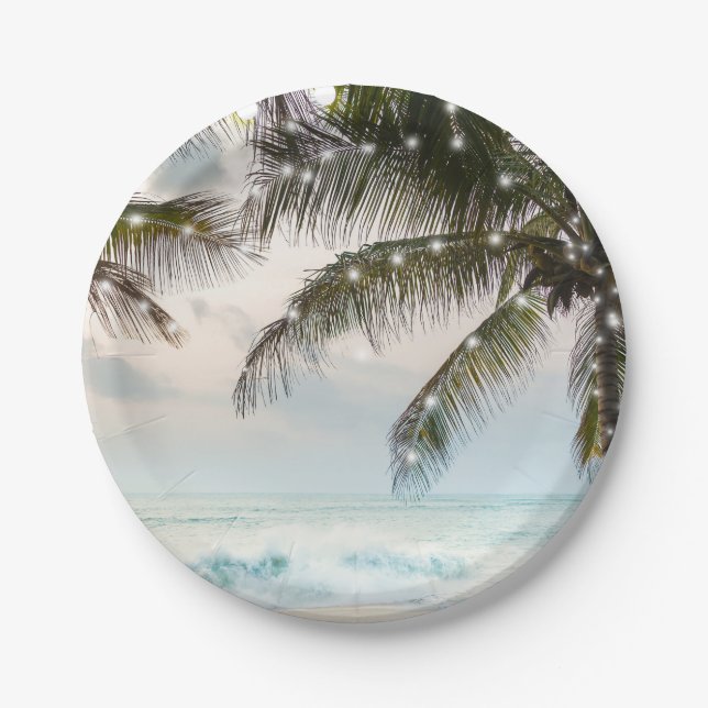 Tropical Beach Ocean Palm Trees & Lights Wedding Paper Plates (Front)