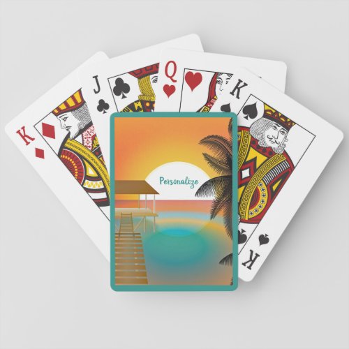 Tropical Beach Ocean Pier Sunset Personalized Playing Cards