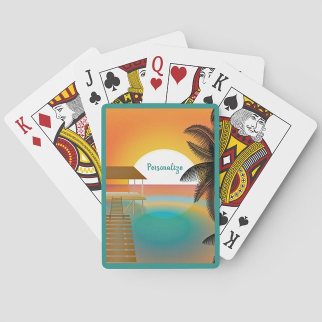 Tropical Beach Ocean Pier Sunset Personalized Poker Cards (Back)