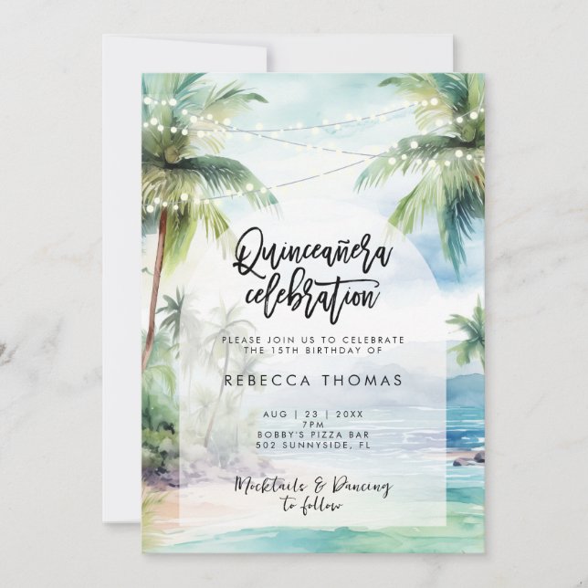 tropical beach ocean Quinceanera party invitation (Front)