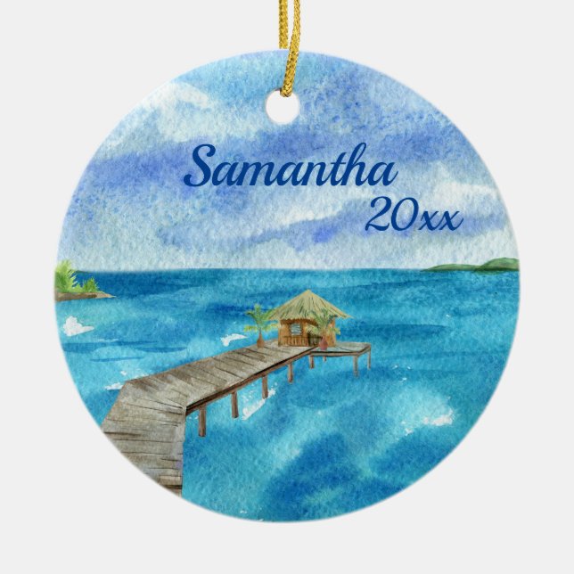 Tropical Beach Ocean Seascape Personalized  Ceramic Ornament (Front)
