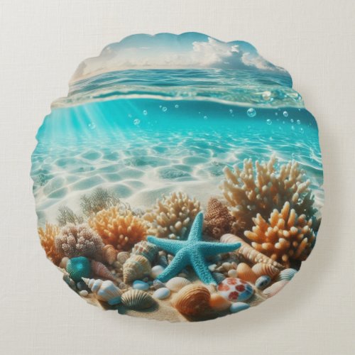 Tropical Beach Ocean Seashells And Starfish Round Pillow