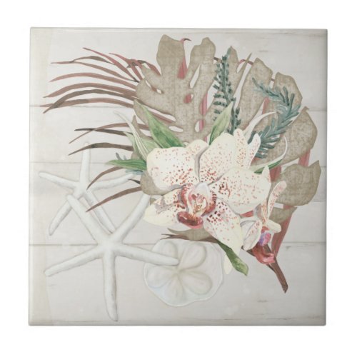 Tropical Beach Ocean Seashells White Orchid Floral Ceramic Tile
