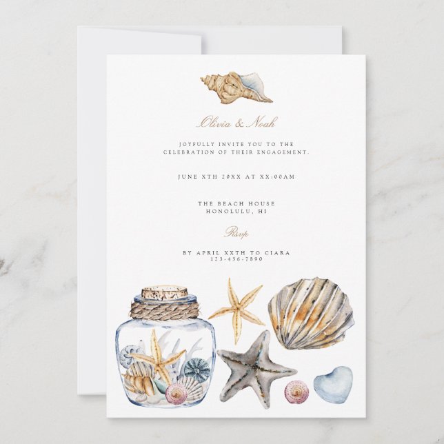 Tropical Beach Ocean Shell Engagement Invitation (Front)