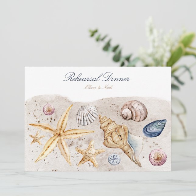 Tropical Beach Ocean Shell Rehearsal Dinner Card (Standing Front)