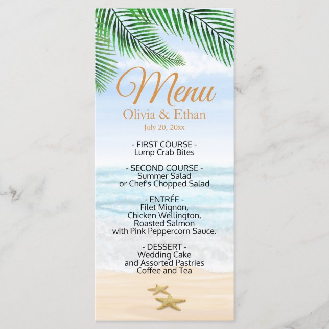 Tropical Beach, Ocean, Starfish Menu (Front)