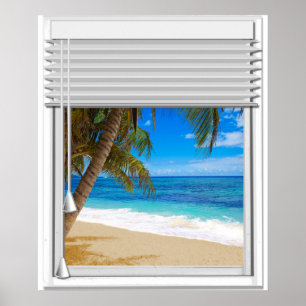 Tropical Beach Ocean View Fake Window With Blinds Poster