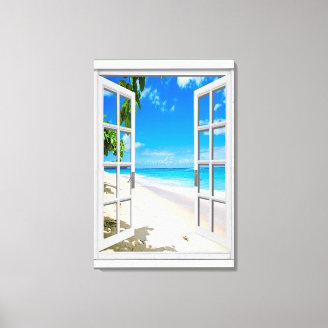 Tropical Beach Ocean View Faux Window Canvas Print (Front)