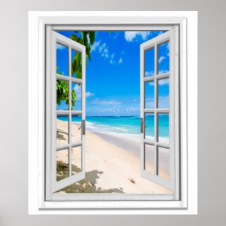 Tropical Beach Ocean View Faux Window Poster