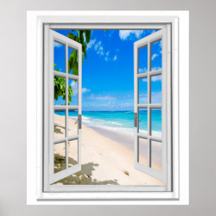 Tropical Beach Ocean View Faux Window Poster