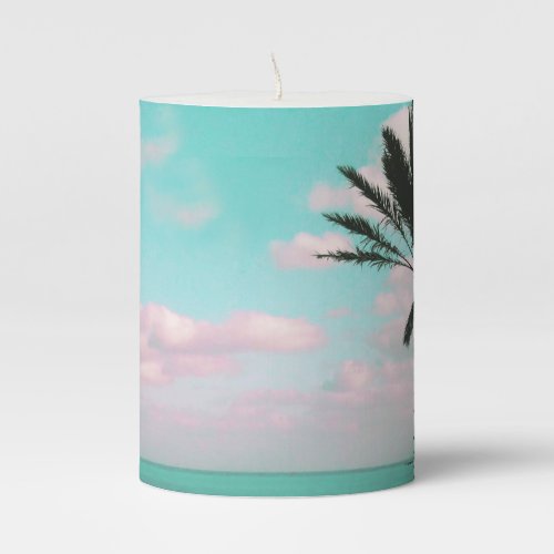 Tropical Beach Ocean View Pink Clouds Palm Pillar Candle