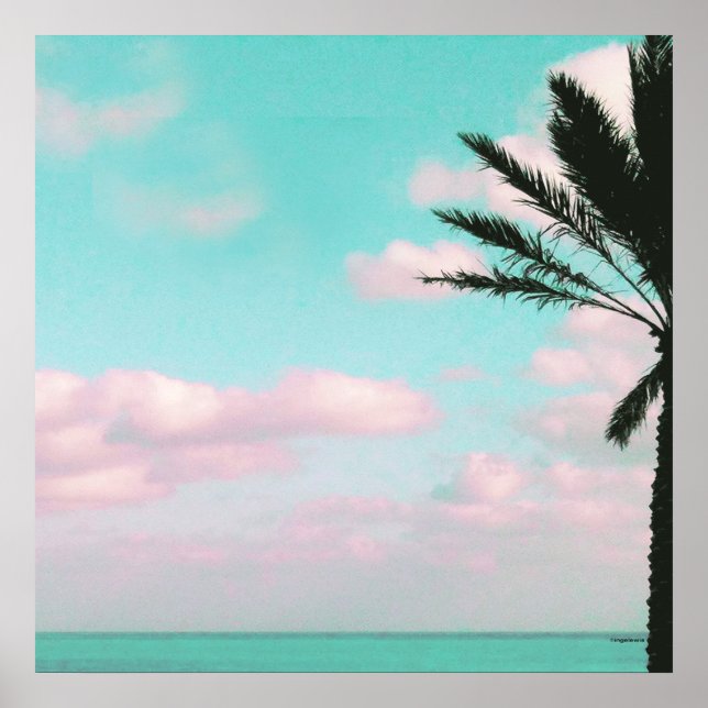 Tropical Beach, Ocean View, Pink Clouds, Palm Poster (Front)