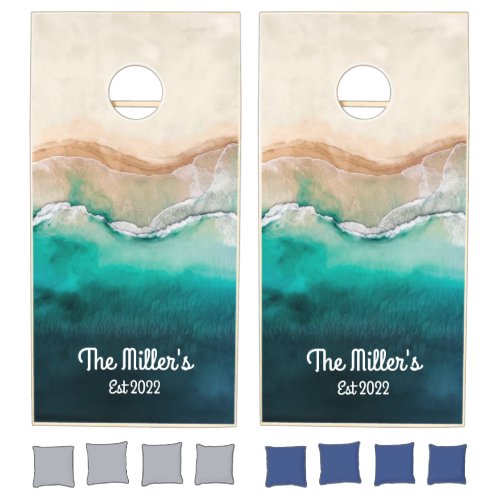 Tropical Beach Ocean Watercolor Name Beach House Cornhole Set