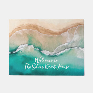 Tropical Beach Ocean Watercolor Name Beach House Doormat
