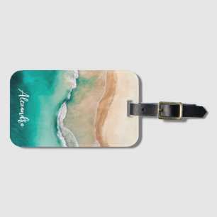 Tropical Beach Ocean Watercolor Name Monogram Luggage Tag