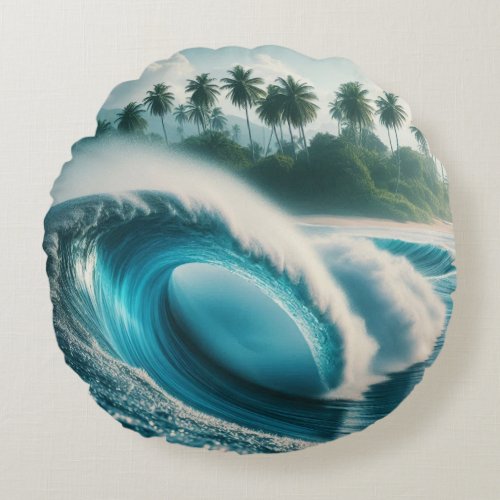 Tropical Beach Ocean Wave Crescendo Palm Trees Round Pillow