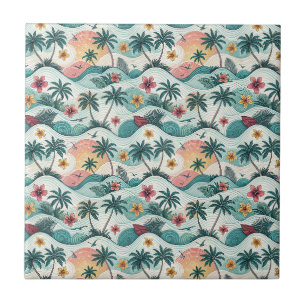 Tropical Beach Ocean Waves Hawaiian Floral Pattern Ceramic Tile