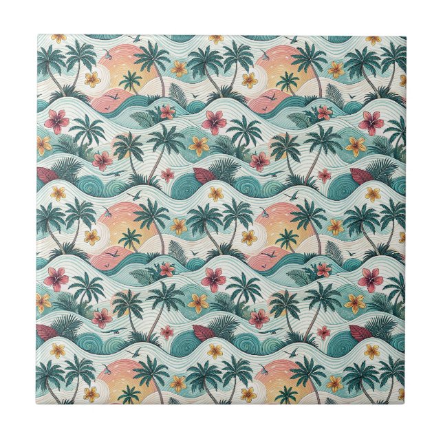 Tropical Beach Ocean Waves Hawaiian Floral Pattern Ceramic Tile (Front)