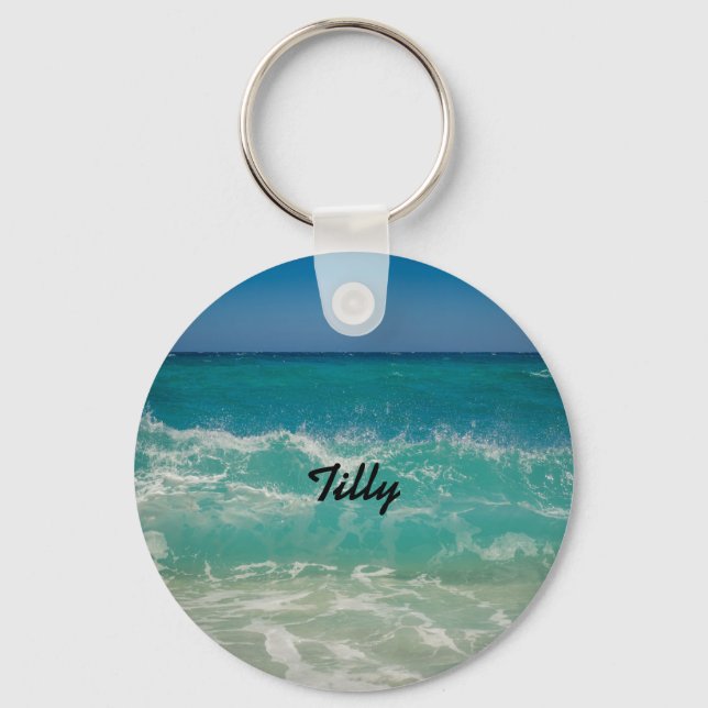 Tropical Beach Ocean Waves Name Keychain (Front)
