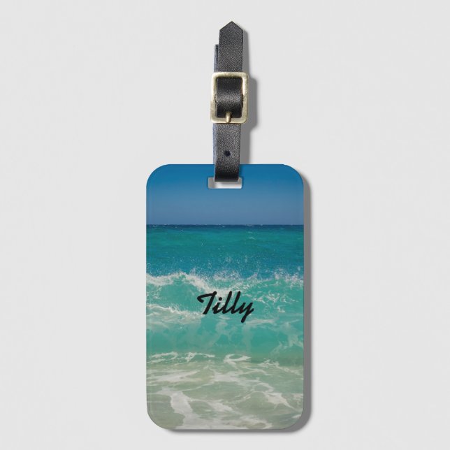 Tropical Beach Ocean Waves Name Luggage Tag (Front Vertical)