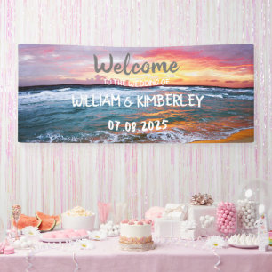 Tropical Beach Ocean Waves Sunset Elegant Wedding Banner