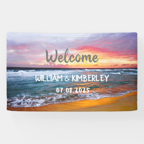 Tropical Beach Ocean Waves Sunset Elegant Wedding Banner