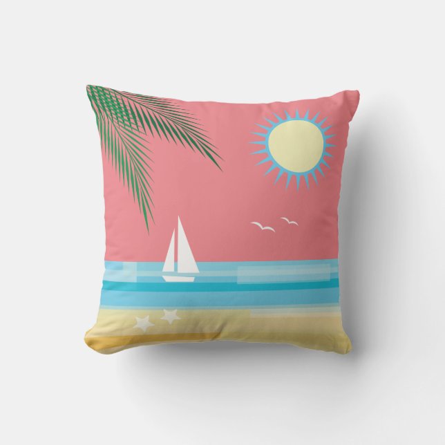 Tropical Beach on Coral Sky Throw Pillow (Front)