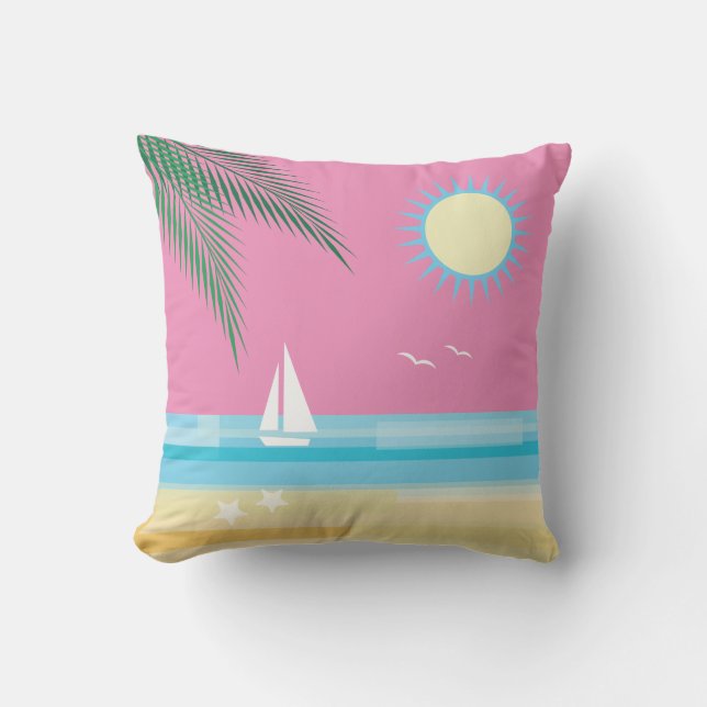 Tropical Beach on Pink Sky - Outdoor Pillow (Front)