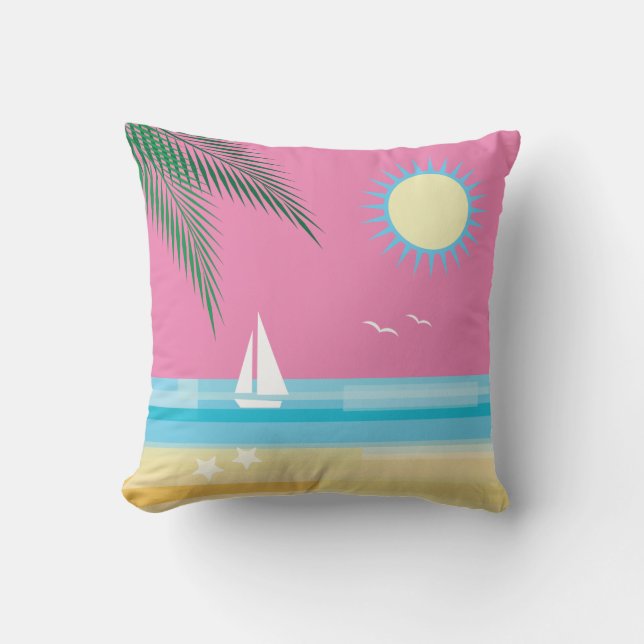 Tropical Beach on Pink Sky Throw Pillow (Front)