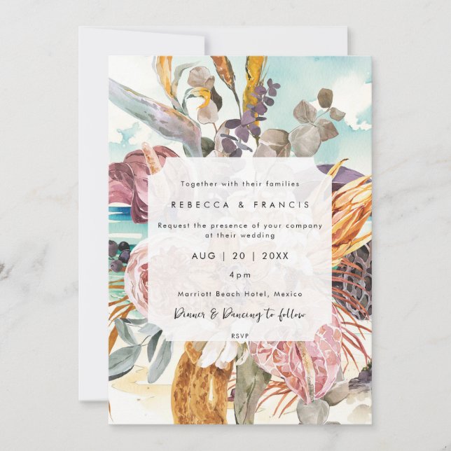 tropical beach orange florals wedding invitation (Front)