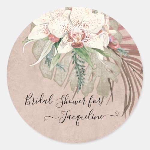 Tropical Beach Orchid Floral Foliage Bridal Shower Classic Round Sticker