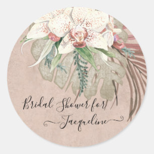 Tropical Beach Orchid Floral Foliage Bridal Shower Classic Round Sticker