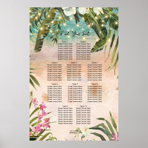 tropical beach orchid floral wedding seating chart