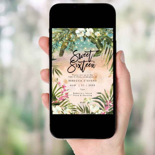tropical beach orchid sweet 16 invitation (Front Digital)