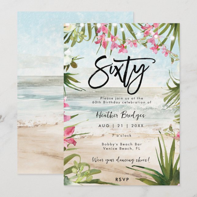 Tropical beach orchids 60th birthday party invitation (Front/Back)