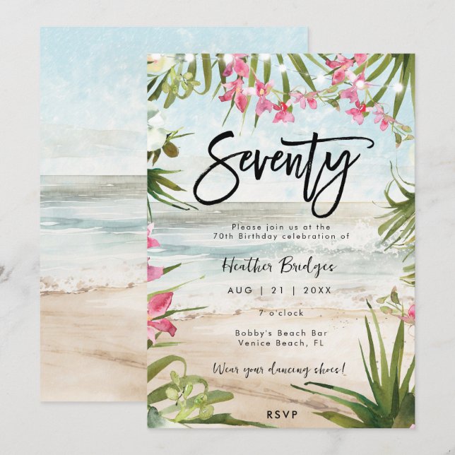 Tropical beach orchids 70th birthday party invitation (Front/Back)
