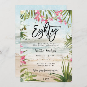 Tropical beach orchids 80th birthday party invitation