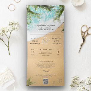 Tropical Beach Palm All in One QR Code Wedding Tri-Fold Invitation