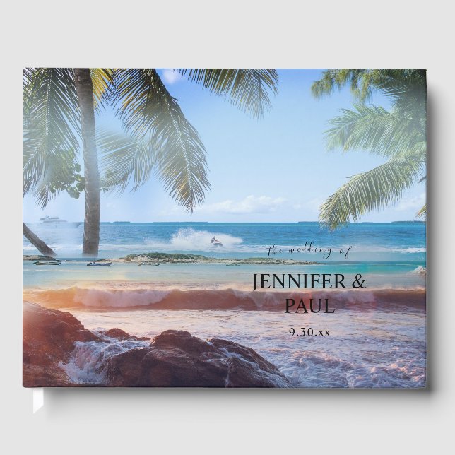 Tropical Beach Palm Destination Wedding Guest Book (Front)